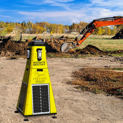 an illuminous cone infront of a digger, digging up mud