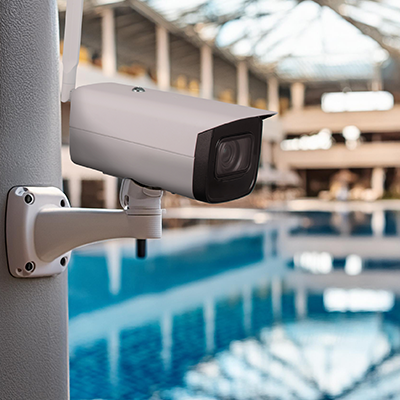 CCTV camera at a leisure centre with a pool